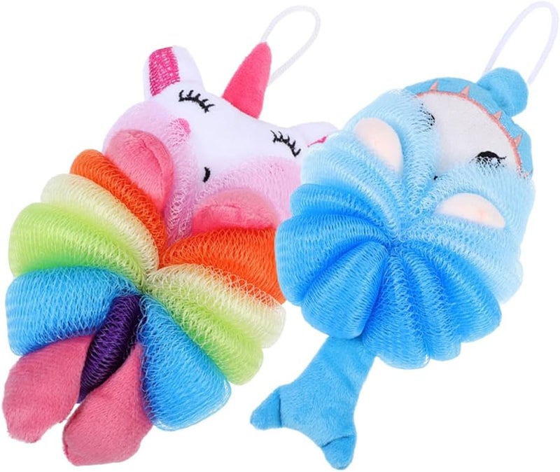 GANAZONO 2 Pack Soft Cartoon Bath Sponge Loofah Body Exfoliating Scrubber Blue Unicorn Pink - Image 1